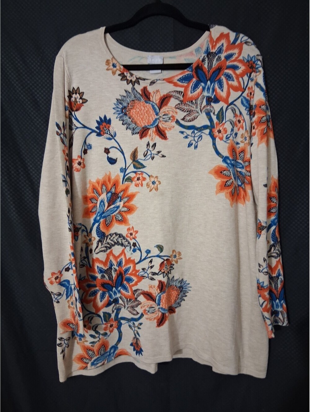 Chico’s  Women's XL Beige Orange Blue Flora Print Soft Knit Pullover Top